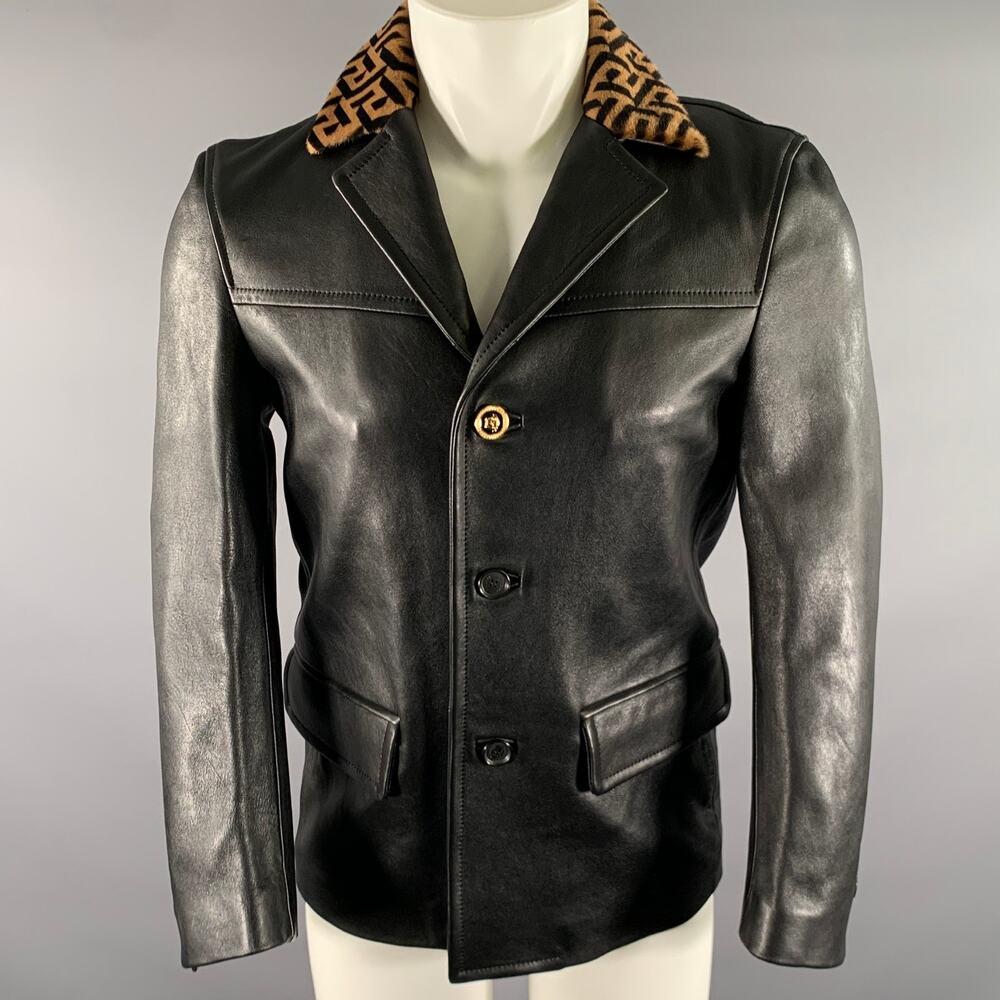 VERSACE Size 36 Black Camel Lambskin Leather Furr Collar Notch Lapel Jacket